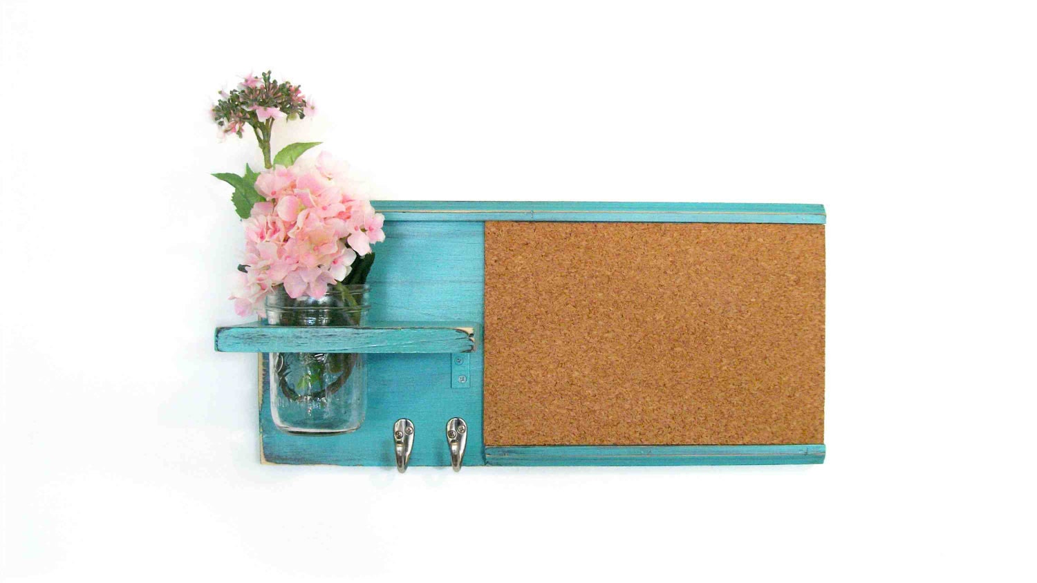 Retro Style Wall Shelf Cork Bulletin Board Message  Center Hooks Country Light Turquoise Color