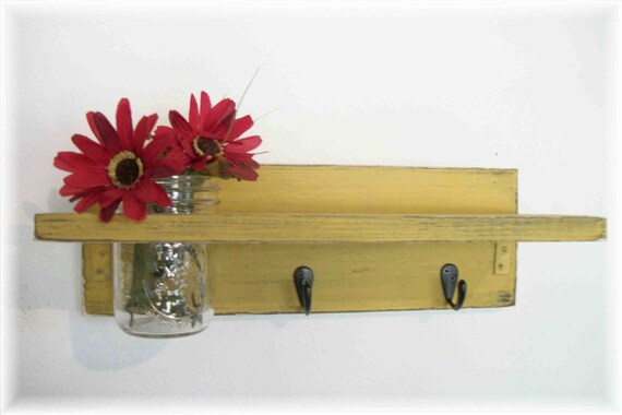 Primitive Cornflower Pumpkin Mustard Yellow Color Shelf  Hooks Rustic Country