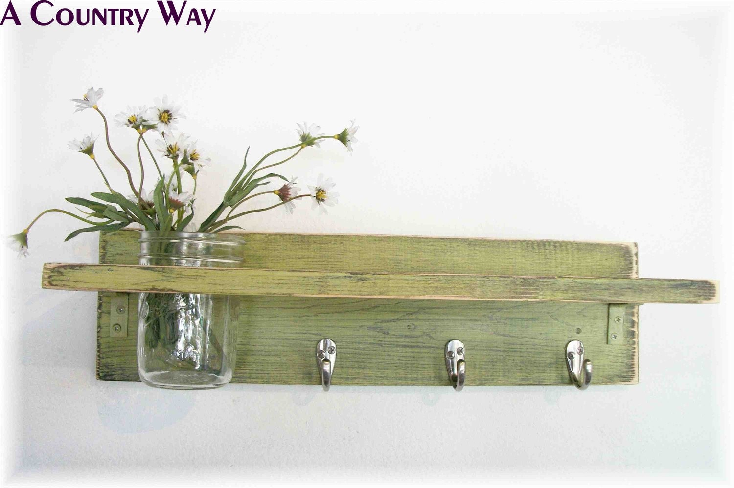 Primitive Country Funky Retro Lime Green FALL WOOD 3 Coat Hooks Cottage Wall Shelf