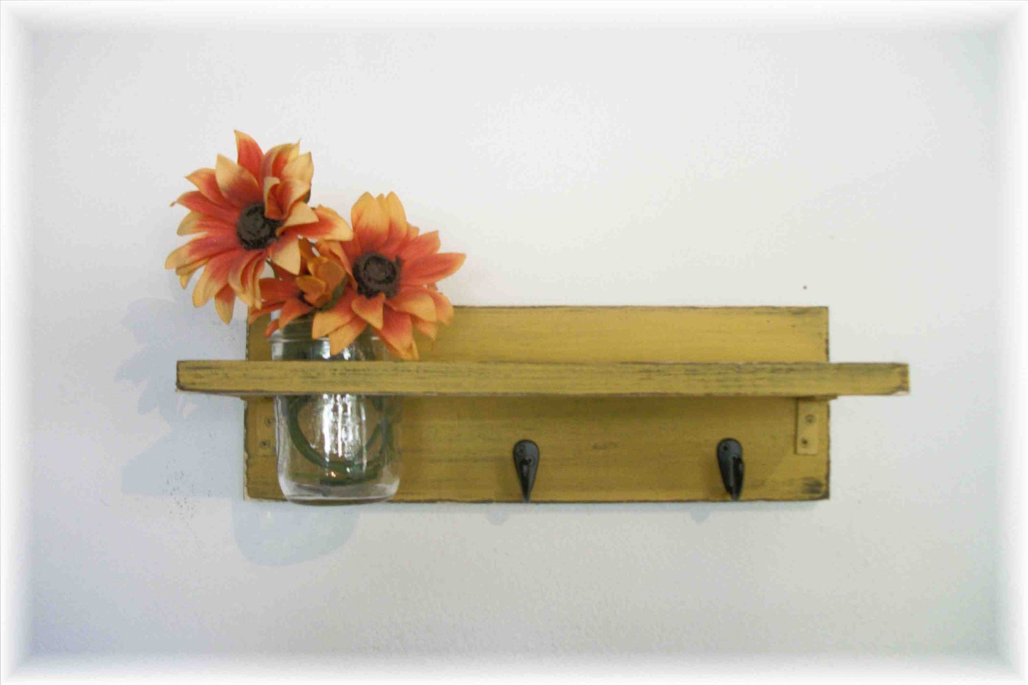 Primitive Cornflower Pumpkin Mustard Yellow Color Shelf Hooks Rustic Country
