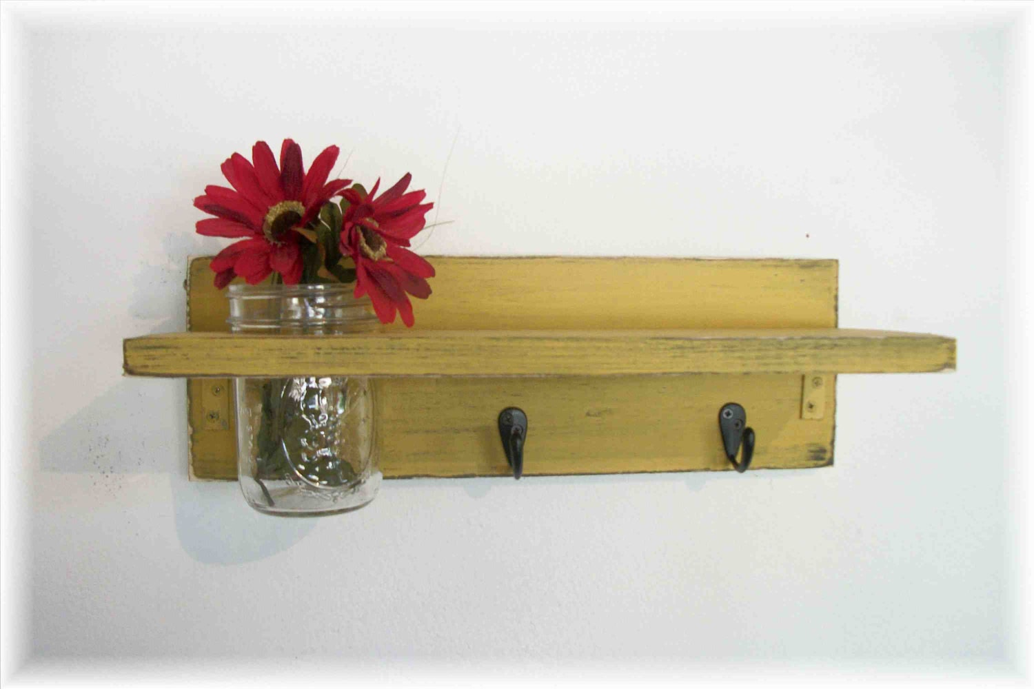 Primitive Cornflower Pumpkin Mustard Yellow Color Shelf  Hooks Rustic Country