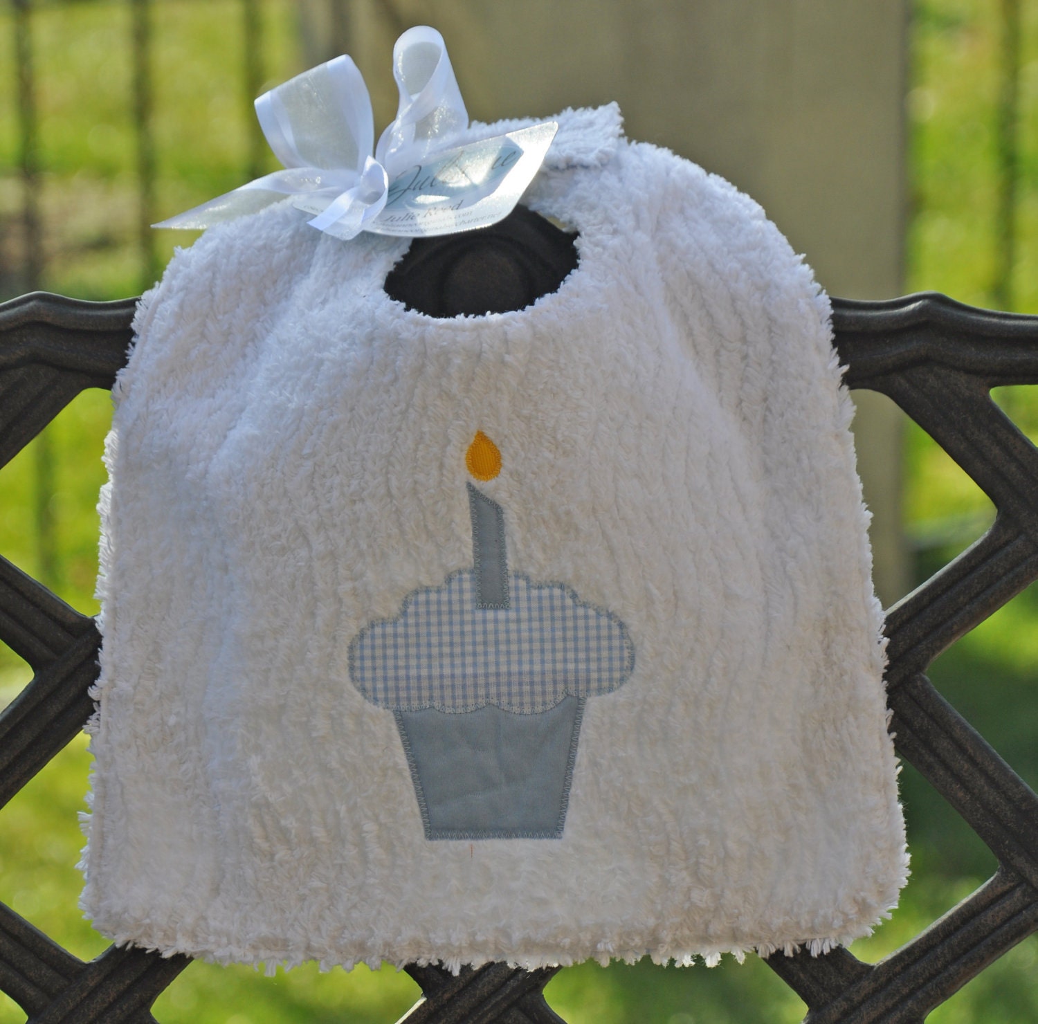 Blue Gingham 1st Birthday Chenille Bib - JULIANNE ORIGINALS