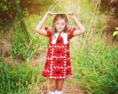 Retro 1969 style V shaped collar dress in red flowers-children clothing-girls dresses