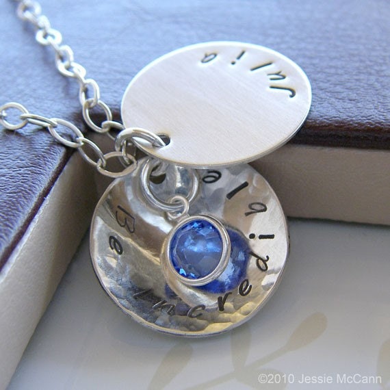 Hand Stamped Necklace - Personalized Sterling Silver Textured and Domed Charm Jewelry - Cupola Deluxe Necklace with Birthstone Drop