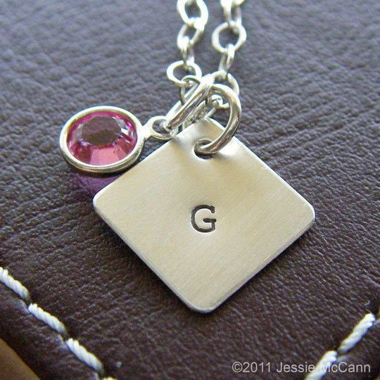 Hand Stamped Initial Necklace - Personalized Sterling Silver Charm Jewelry - Half Inch Diamond Initial Pendant with Birthstone or Pearl