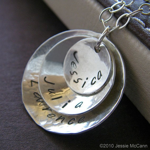 Hand Stamped Necklace - Personalized Sterling Silver Textured and Domed Charm Jewelry - Stack Trio Cupola