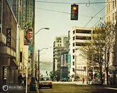 Downtown Seattle Travel Photography - city streets, stop light, cars, blue, red photo, loft wall art, metropolitan home decor print- 8x8