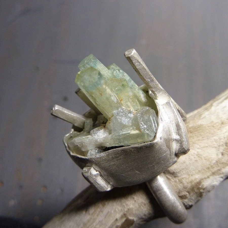 Unique mint Aquamarine ring - Raw Aquamarine specimen and sterling ...