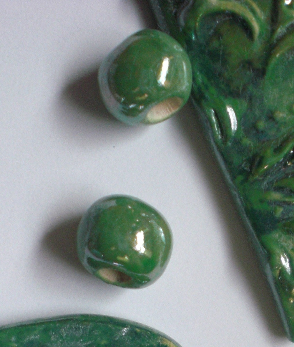 Swirls of Green and Mother of Pearl Earthenware Bead Set