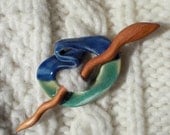 Cobalt and Turquoise Porcelain Shawl Pin with Tulipwood stick