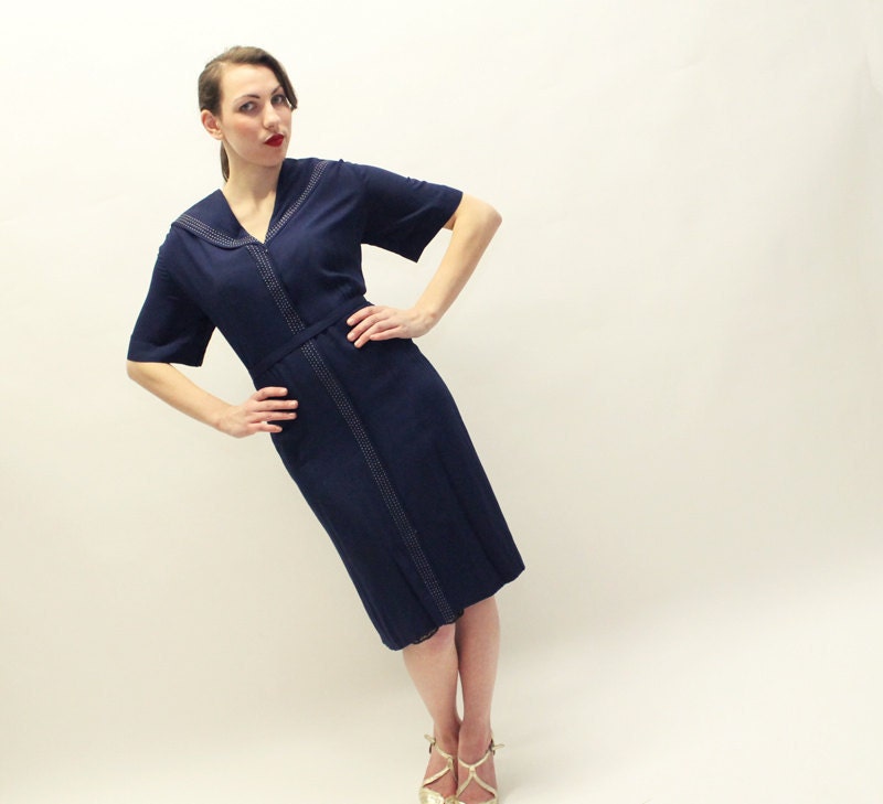 40s Sailor Dress - Navy Cotton with Middy Collar - XL