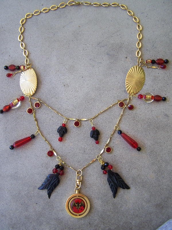 SALE Halloween Goth Vampire Upcycled Bacardi Bat Statement Necklace Blood Red and Black...One of a Kind
