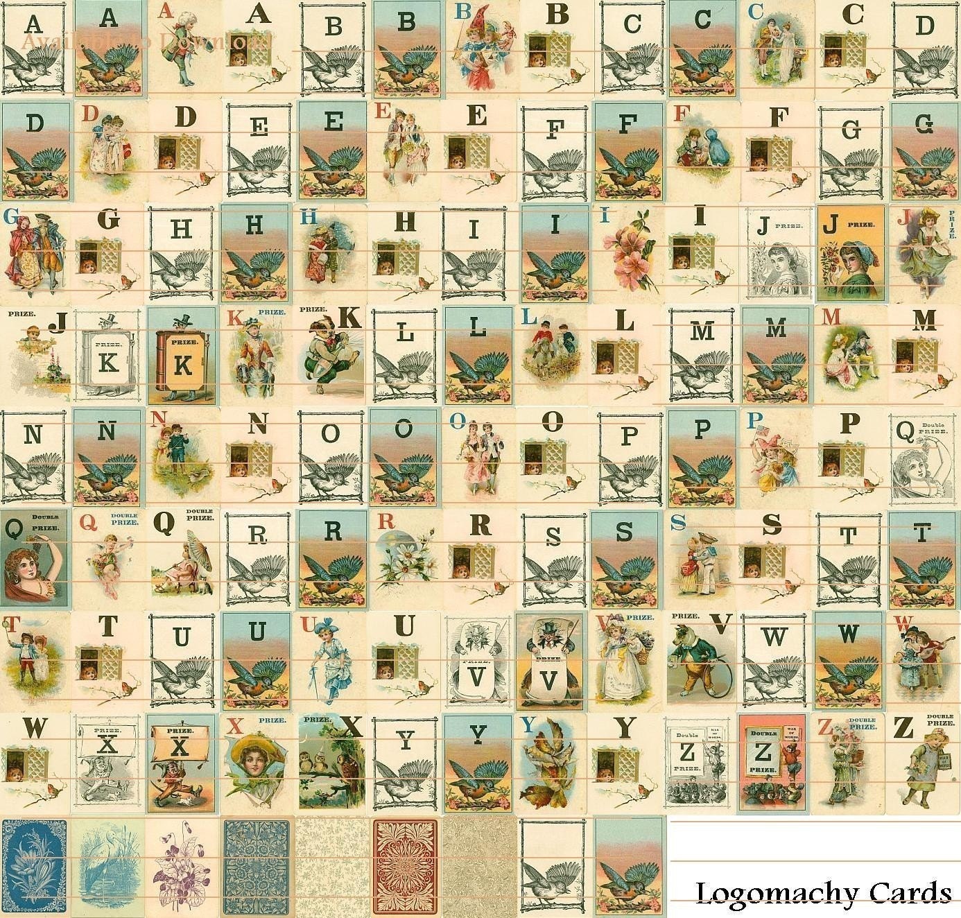 Download Version ANTIQUE GAME CARD IMAGES 1800s Logomachy Illustrations Alphabet Children Birds