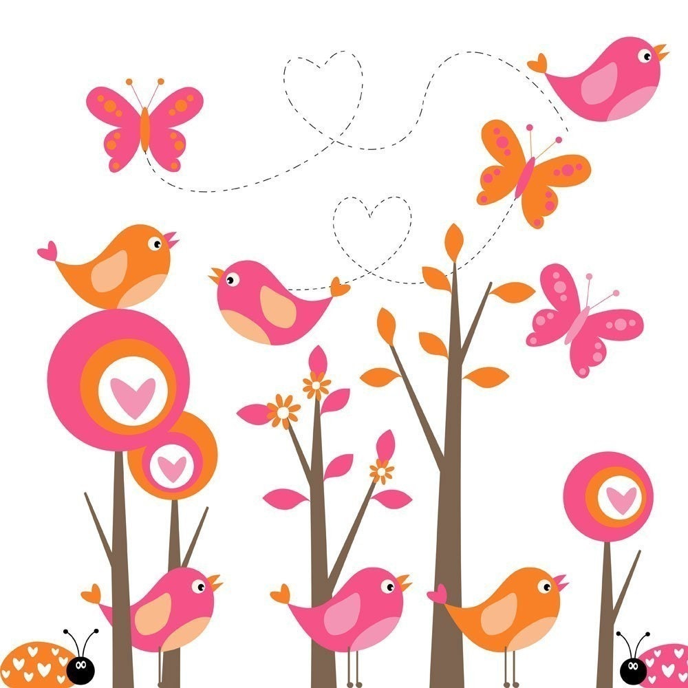 Mod Forest  Clip Art with Birds and Butterflies Orange and Hot Pink