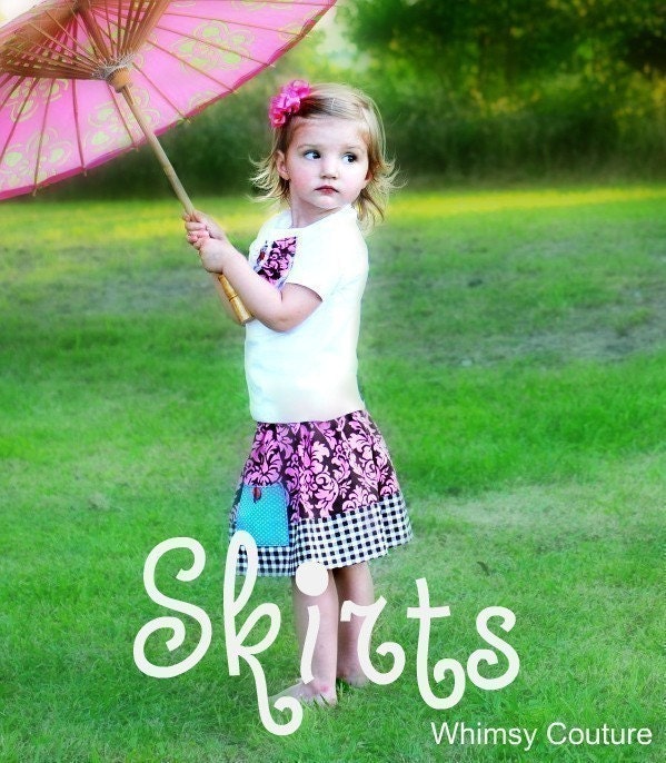 WHIMSY COUTURE Sewing Pattern Tutorial Skirts sizes 6m through 12 girls with versions for ruffle and border and block stripes PDF