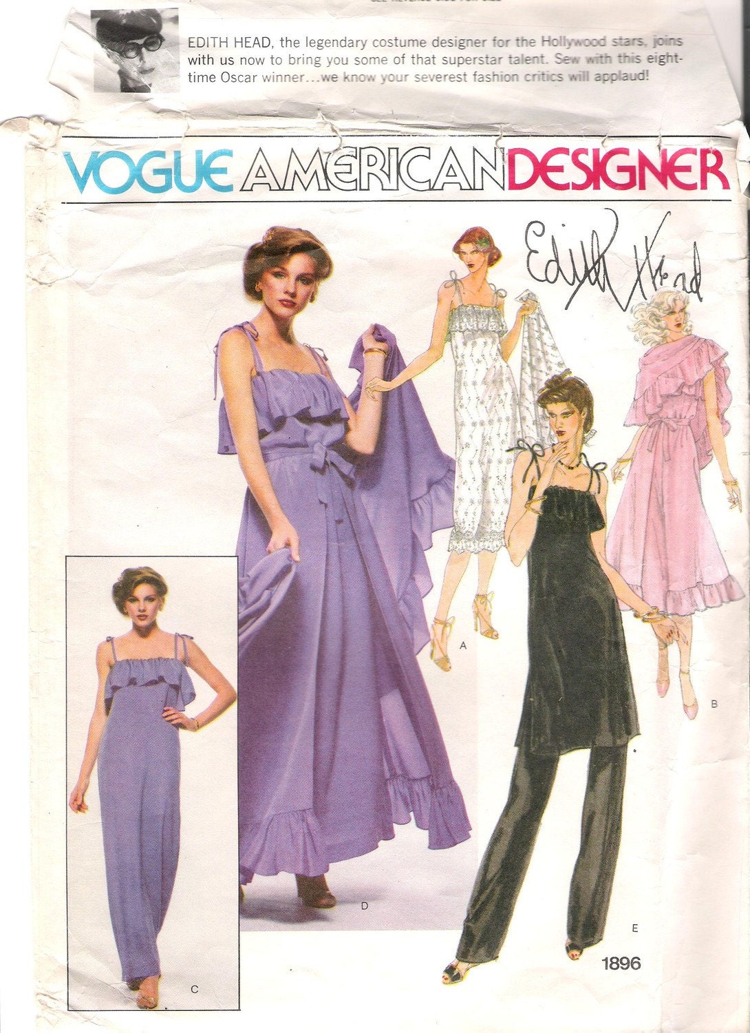 Vintage Edith Head Designer Evening, Prom, Dress, Tunic, Overskirt, Shawl, Pants, Vogue 1896 Pattern, Size 6, Bust 30.5, UNCUT