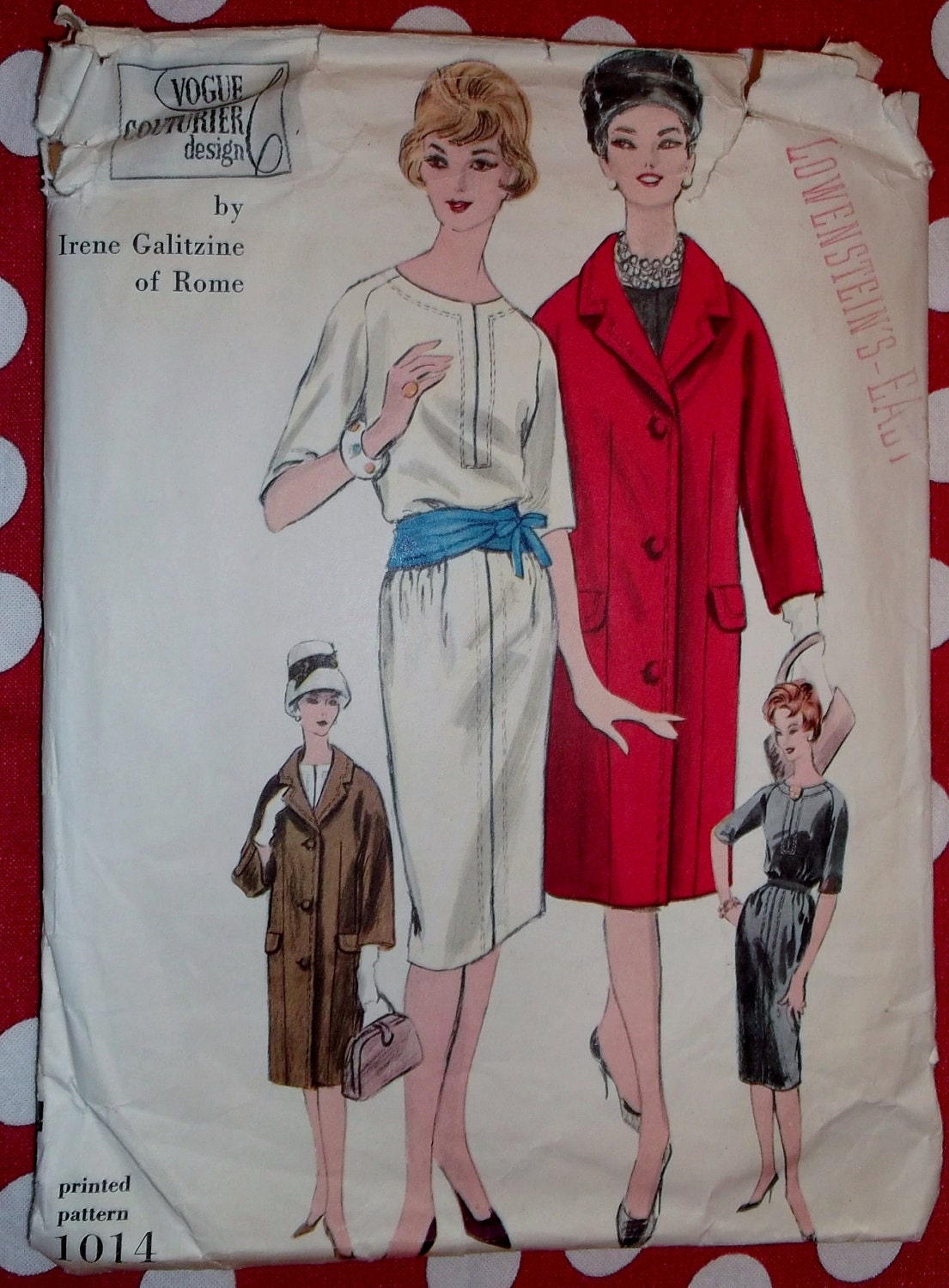 Vintage 1960 Vogue 1014 Designer Irene Galitzine Misses Dress and Coat Pattern, Size 12, Bust 32, Uncut