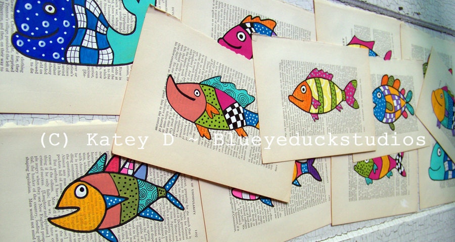Day Old Fish Sale A Quilted Blue Whale Folk Art original painting antique book page Katey Duck half off