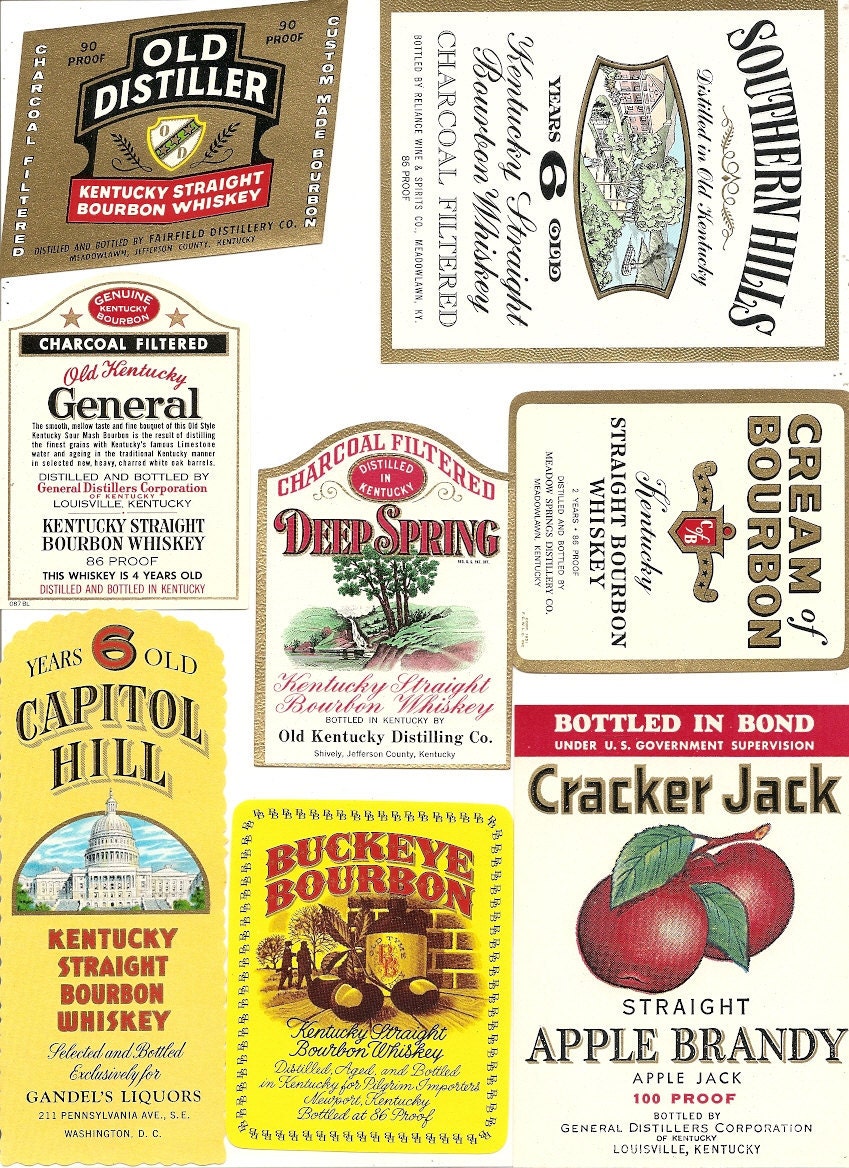 various 1950s labels Bourbon whiskey, Charcoal filter, Bourbon