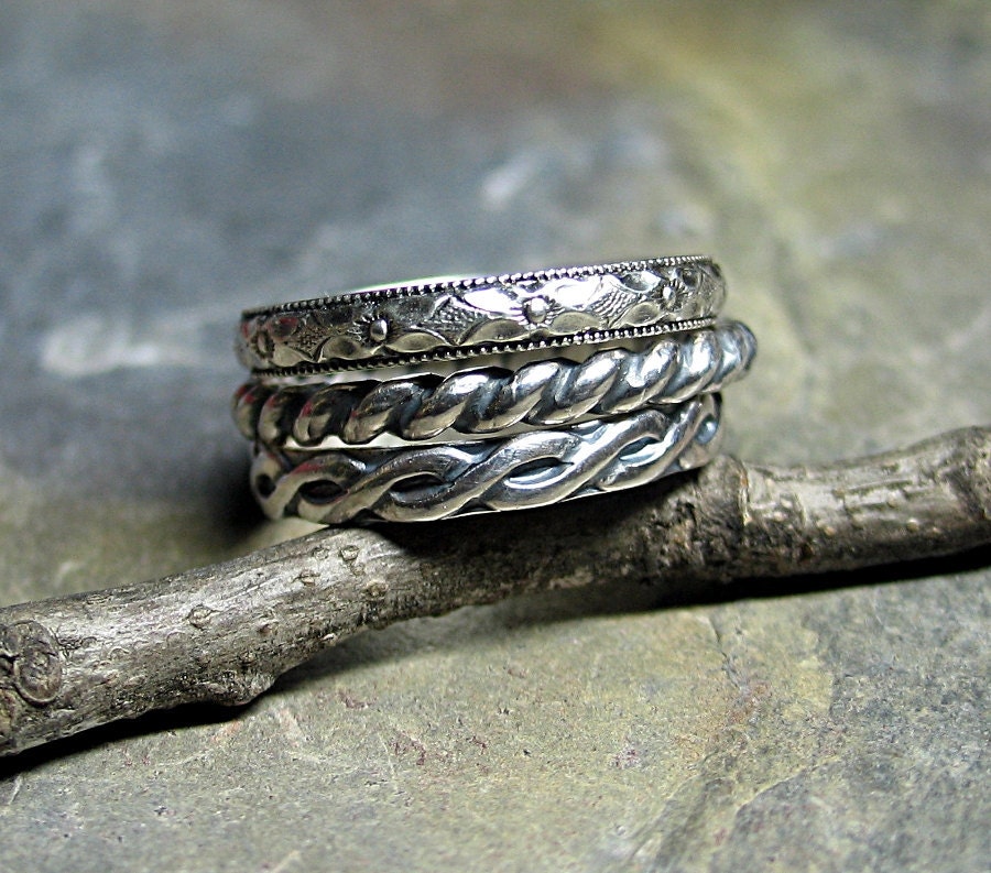 Stacking rings sterling silver pattern wire set of three - Three's Company