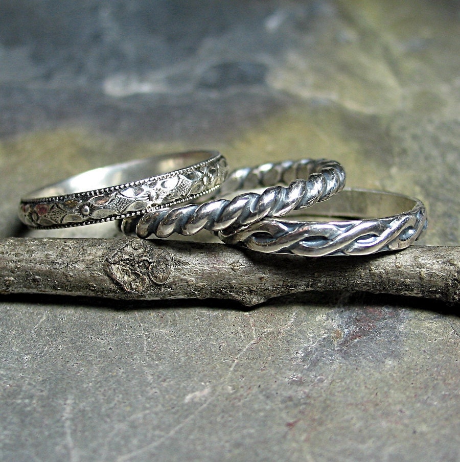Stacking rings sterling silver pattern wire set of three - Three's Company
