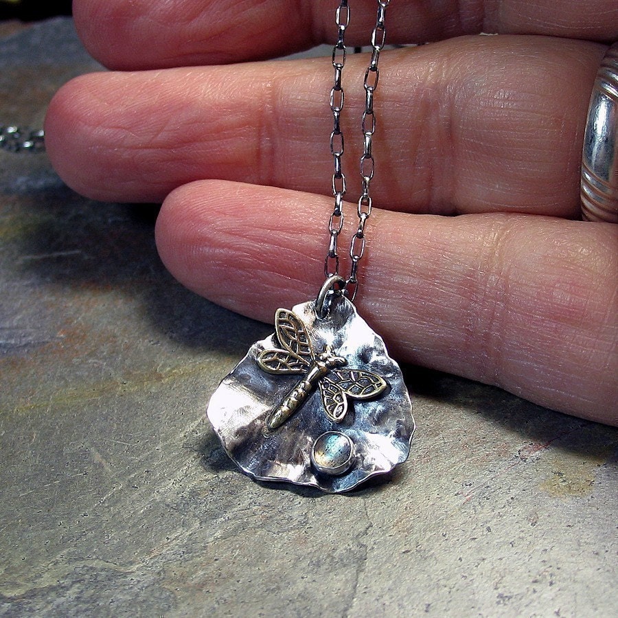 Dragonfly Pendant in Sterling silver with choice of gemstone - Dew on a Petal