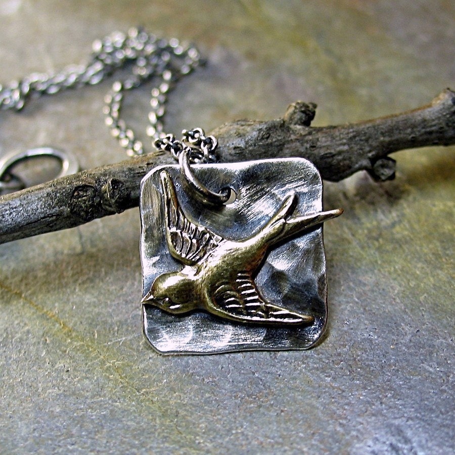Bird Pendant Necklace Sterling Silver Hammered - Soaring Free