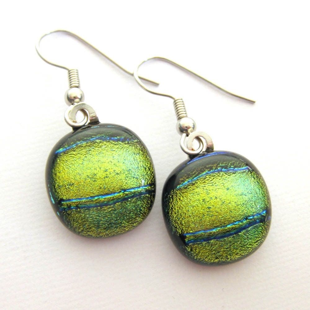 Dichroic Drop Glass Earrings - Golden Horizon - 1154