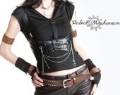 Steampunk Harness BLACK Faux Leather Underbust Bodice with Silver Gears, Buckles, Chain, and Antique Keys by Velvet Mechanism