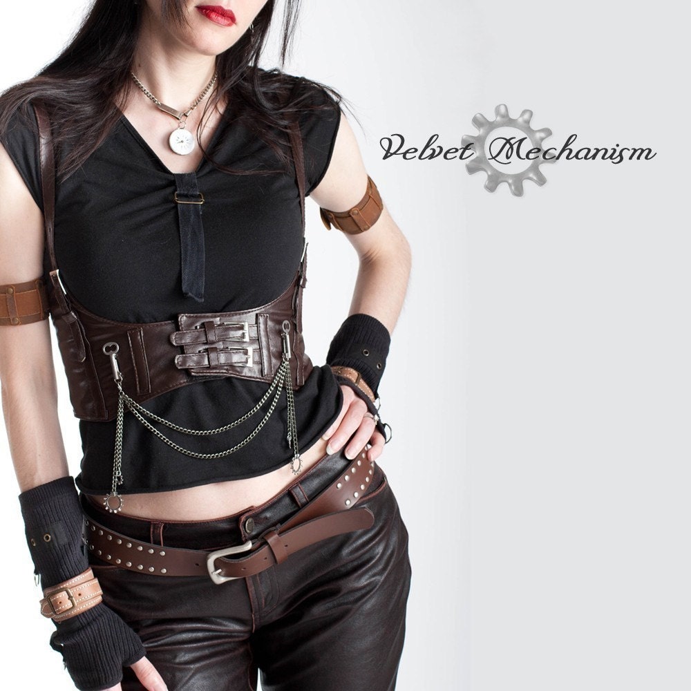 Steampunk Harness BROWN Faux Leather Underbust Bodice with Silver Gears, Buckles, Chain, and Antique Keys by Velvet Mechanism - velvetmechanism