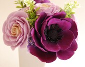 CLAYCRAFT by DECO -Deep Purple Anemones and Light Purple Garden Roses in Tapered Square Vase