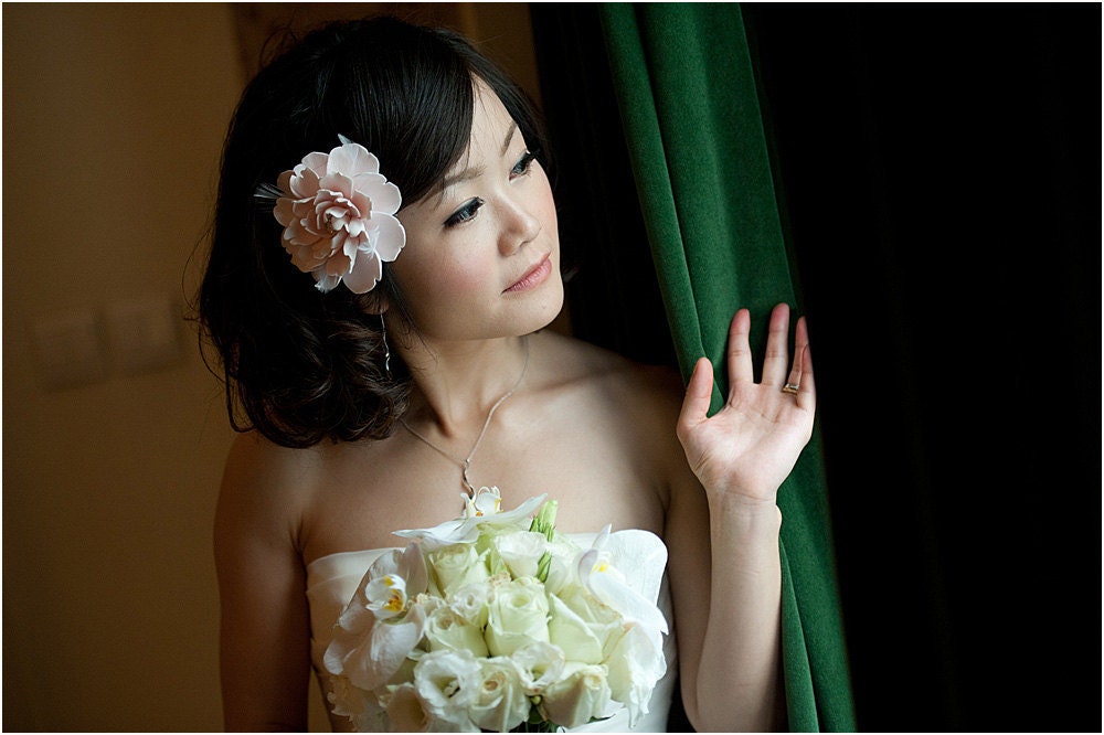 MADE TO ORDER - Claycraft by Deco - Pinkish Peach Peony Hair flower with Rhinestone Center and Feathers