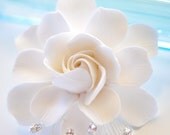 COUTURE CLAY - Ready to Ship, Elongated Gardenia Flower with Handwired Rhinestones and Velvet Leaves