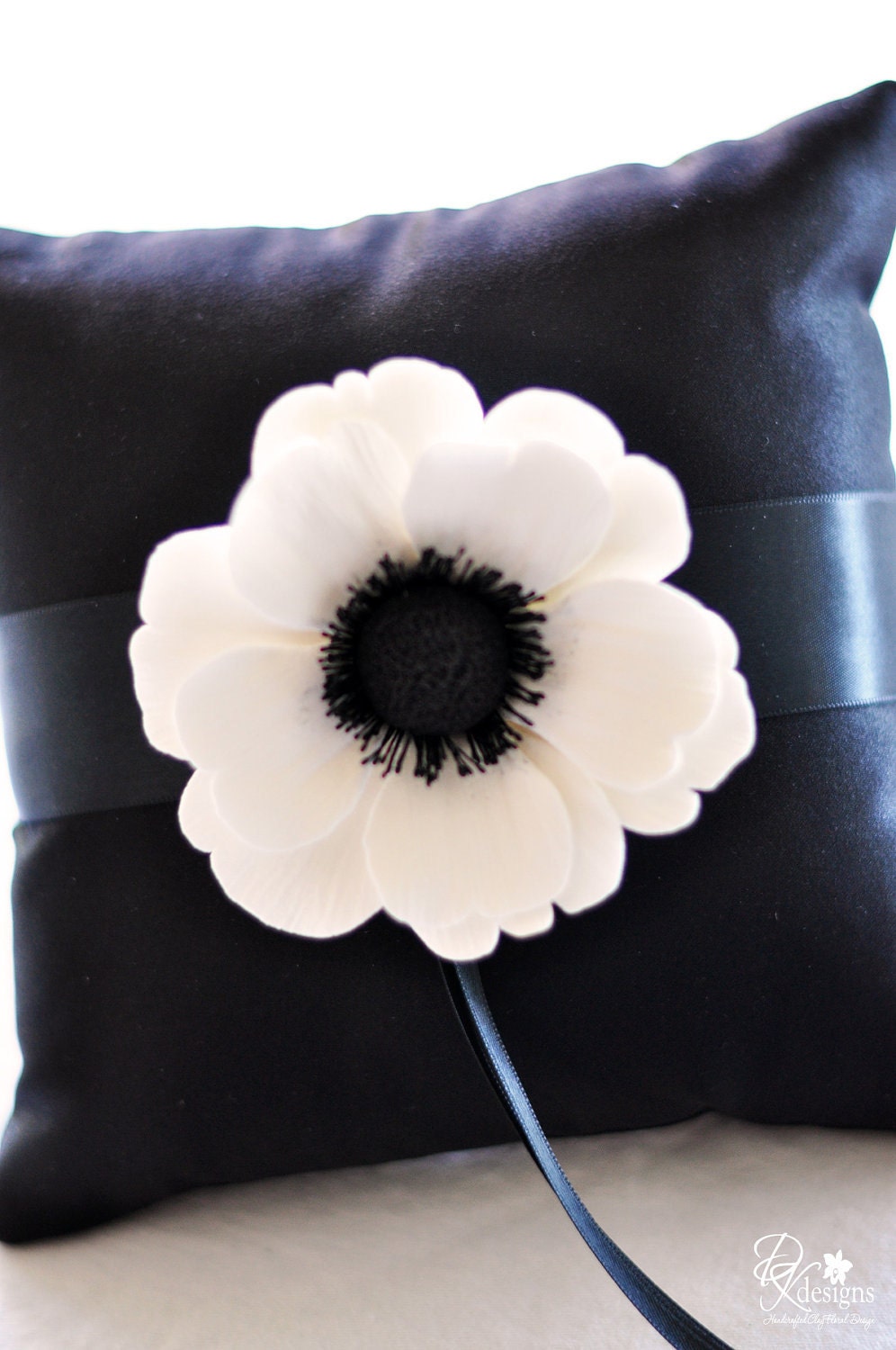 Couture Clay - Made to Order Satin Ring Pillow with Clay Anemone Flower
