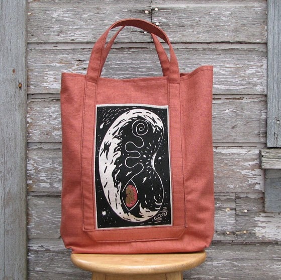 Reusable shopping tote - Earth Bean - screenprinted and painted