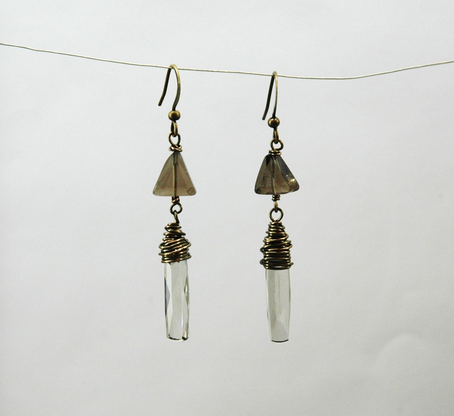 Sale- Was 22.00 Now 15.00-Wire Wrapped Earrings with Smokey Quartz and Swarovski Crystals Columns