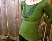 Bird Angel Hawk Dove Olive Green 3/4 Sleeve Boatneck Sheer Jersey Cotton Tshirt: Sm, M, L & XL