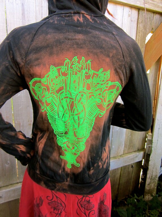 SALE Unisex Double Sided Celtic Black Green Bleached Hoodie Small Only