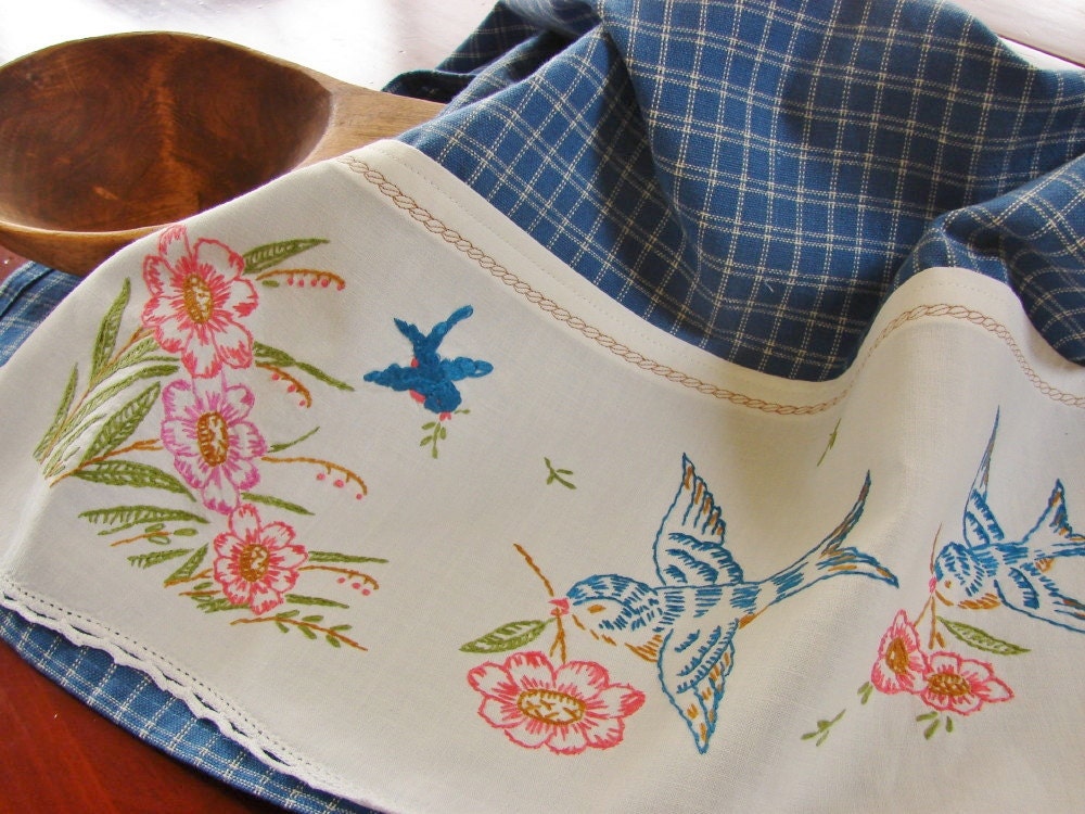 Tea Towel with a Vintage Touch-- Sweet Blue Birds - Vintage Recycled to Upcycled Home Decor