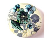 3 Wood  buttons, 40mm, white, blue black flowers