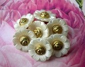 6 Vintage flowers buttons pearlized white lucite plastic with gold color center 20mm