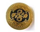 2 Vintage buttons, flowers ornament gold color on black, 29mm