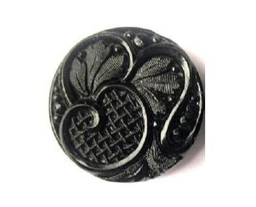 Antique vintage button, Czech, glass, black, carved floral ornament, can be use for button jewelry