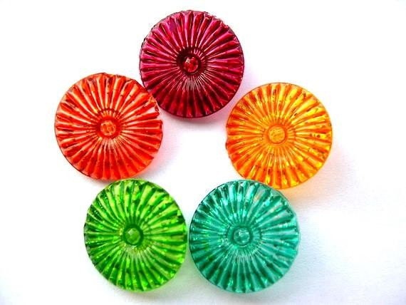 5 Buttons, vintage crystal glass buttons, Czech, hand painted, 5 colors, 18mm