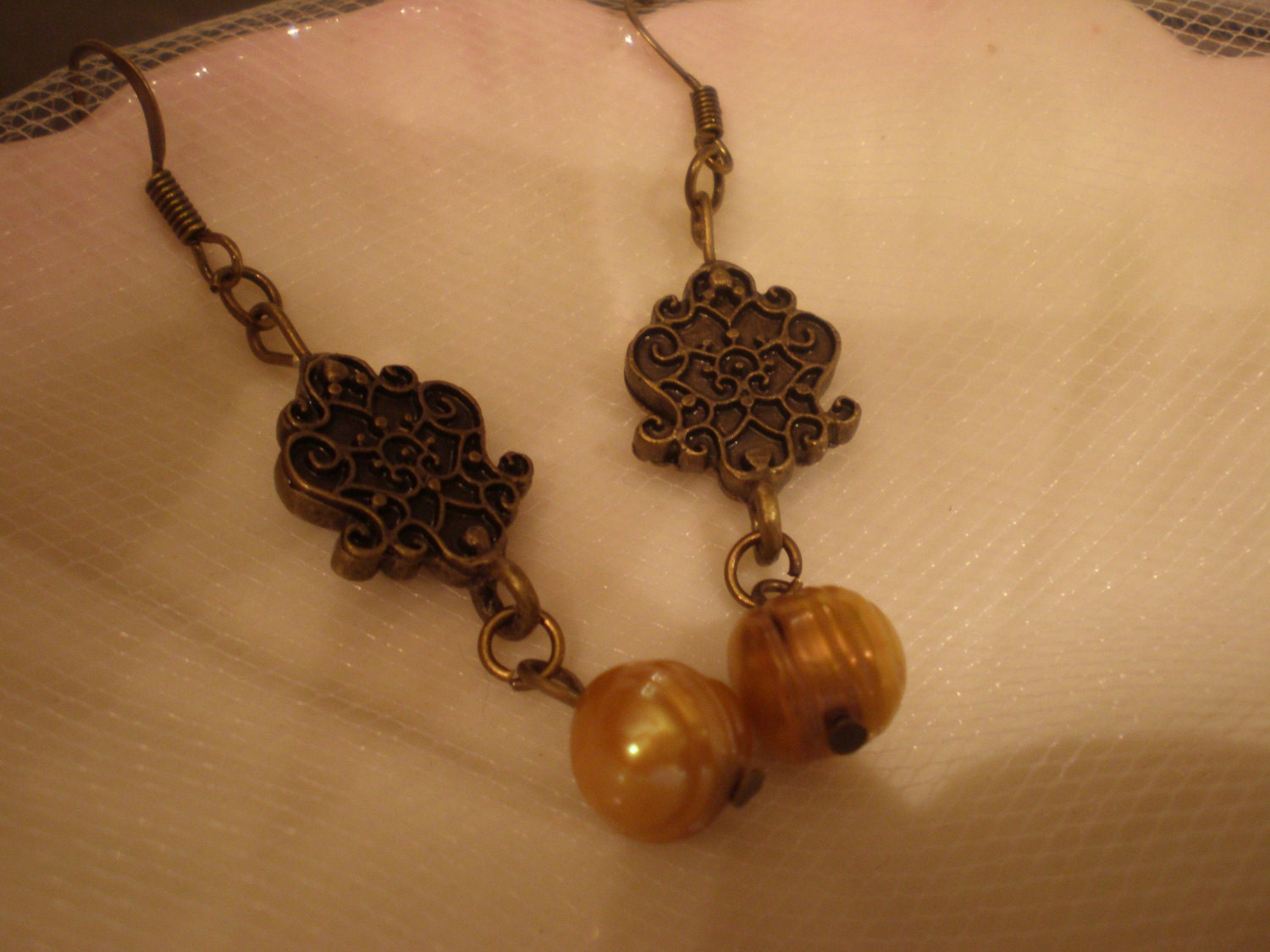 Brass Dangle Earrings with Gold Freshwater Pearls