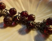 24-inch Brass Necklace with Lovely Vintage Cranberry Glass and Gold Beads