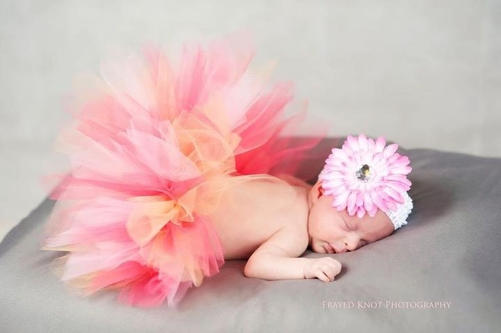 Newborn Baby Tutu in Pink, Peach and Coral with matching flower clip and headband