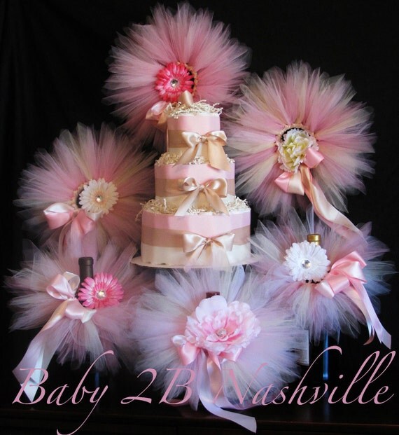 Blush Baby Shower Decorations Package includes 6 newborn tutus, flower clips, headbands, diaper cake made to match your colors