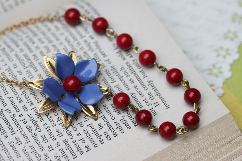 Blue Necklace , Free Matching Earrings , Red Necklace , Flower Necklace