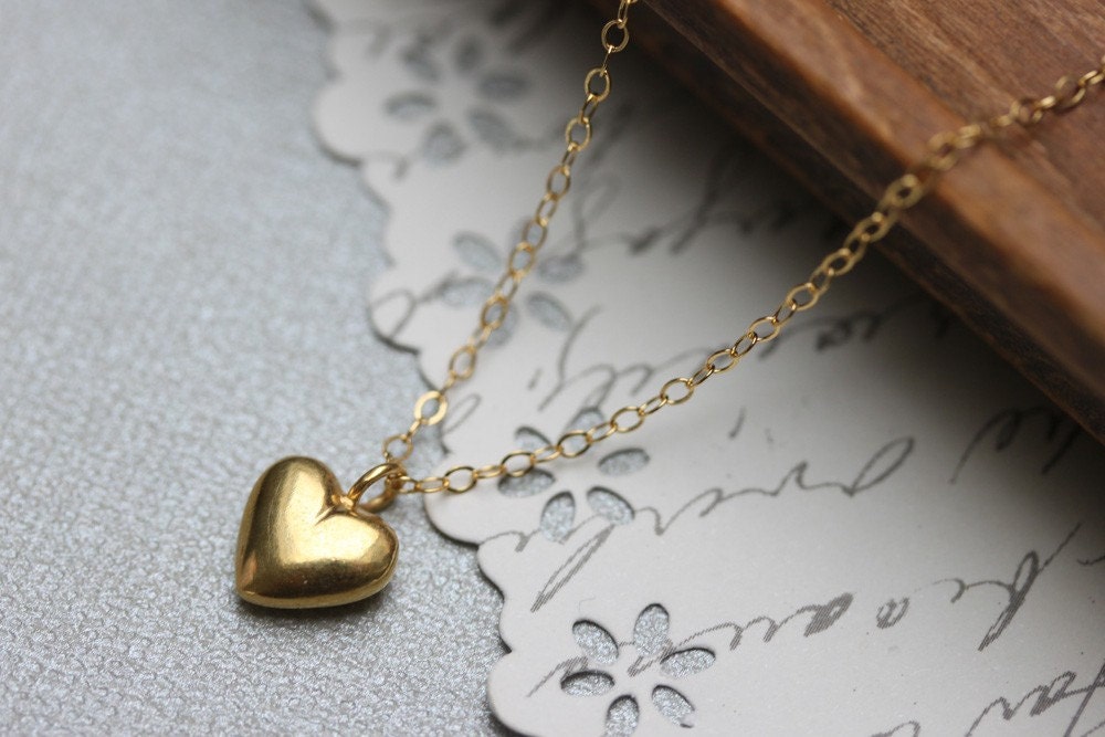 Puffy Heart Necklace - 24 Kt Gold Vermeil Small Valentine Love Charm Necklace